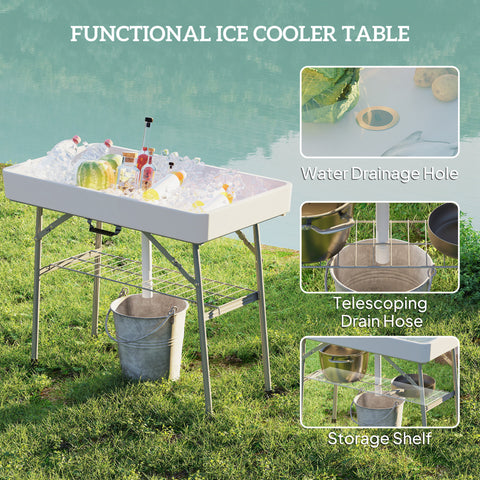 Image of 3.4ft Folding Ice Cooler Table with Drain, Outdoor Patio Party Cooler for Drinks, Fishing Cleaning Table with Storage Shelf for Picnic BBQ Camping Wedding, White