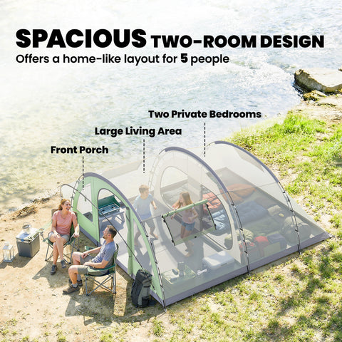 Image of Multi-Room Camping Tent for 5 Person, Easy Set up Large Family Tent with 4 Windows, Porch, Light Green