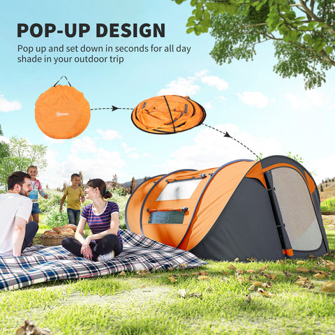 Image of 4 Person Camping Tent, Easy Pop Up Tent with Doors, Windows and Carry Bag, Automatic Setup Tent for Hiking, Orange