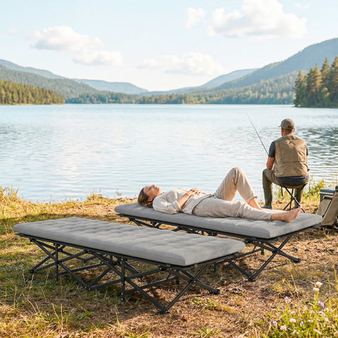 Image of Set of 2 Camping Cot with Soft Pad, 32" Extra Wide Folding Cots with Non-Slip Feet and Carry Bag, Grey