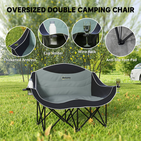 Image of Portable Camp Chair, Double Camping Chair with Cup Holders and Carry Bag, Support 551 lbs, Black