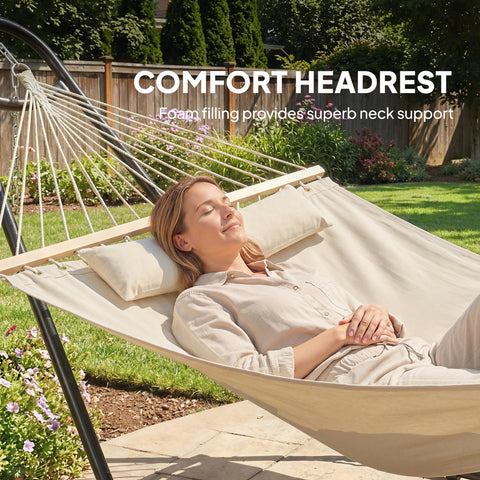 Image of Hammock with Stand, Heavy Duty Camping Hammock with Detachable Pillow and Spreader Bar, 264 lbs Capacity, Cream White