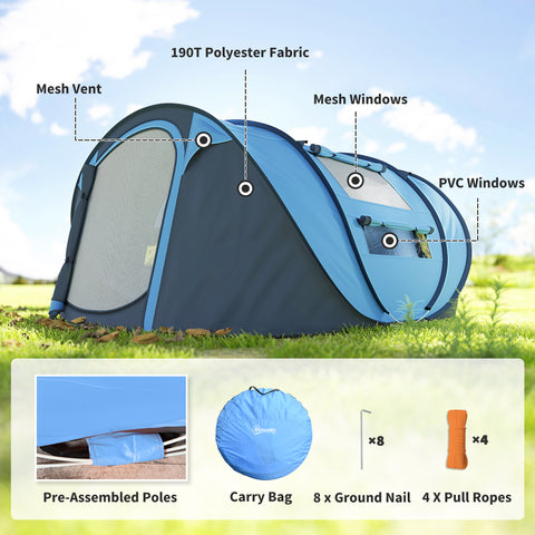 Image of 4 Person Camping Tent, Easy Pop Up Tent with Doors, Windows and Carry Bag, Automatic Setup Tent for Hiking, Blue