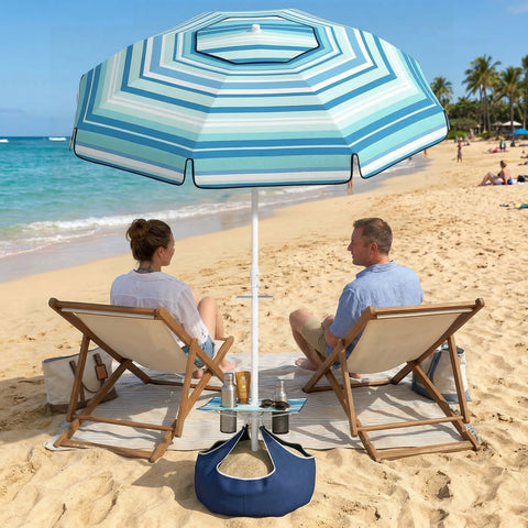 Image of 6 ft Portable Beach Umbrella with Foldable Table, Tilting Outdoor Sun Shade with Sand Anchor, Sandbag, Dark Blue