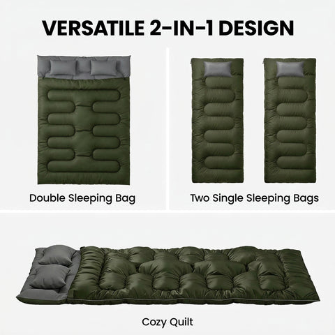 Image of Double Sleeping Bag for Adults, Queen Size 2 Person Sleeping Bag with 2 Pillows, for Cold Weather & Warm, Green
