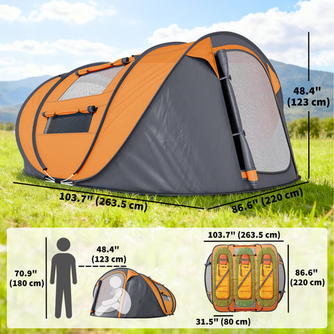 Image of 4 Person Camping Tent, Easy Pop Up Tent with Doors, Windows and Carry Bag, Automatic Setup Tent for Hiking, Orange