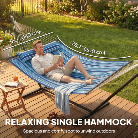 Image of Hammock with Stand Heavy Duty Camping Hammock with Steel Frame for Patio Backyard Blue and White
