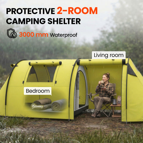 Image of 3-4 Person Camping Tent with 2 Rooms, 3000mm Waterproof Portable Family Tent with Carry Bag, Yellow