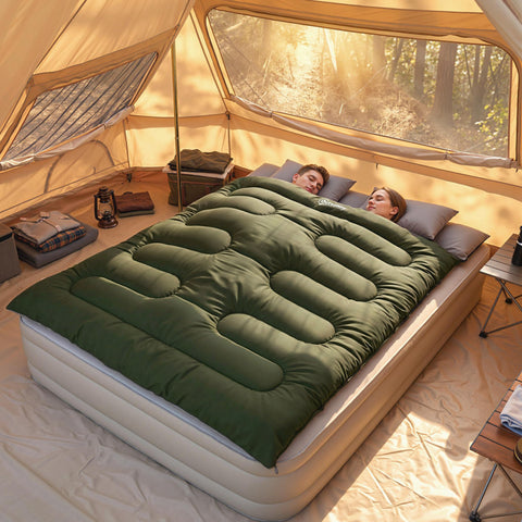 Image of Double Sleeping Bag for Adults, Queen Size 2 Person Sleeping Bag with 2 Pillows, for Cold Weather & Warm, Green
