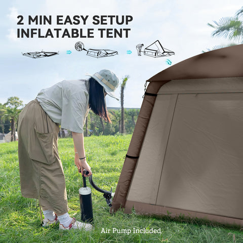 Image of Inflatable Camping Tent, 1-2 Person Glamping Tent with Hand Pump, Blow Up Tent with Doors, Carry Bag, Khaki and Brown