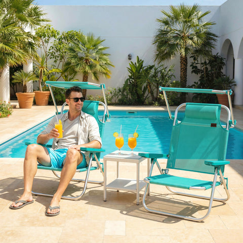 Image of 2 Piece Folding Beach Chairs with Adjustable Canopy, 6-Position Reclining Lounge Chair with Headrest, Turquoise