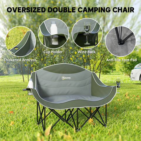 Image of Portable Camp Chair, Double Camping Chair with Cup Holders and Carry Bag, Support 551 lbs, Dark Green