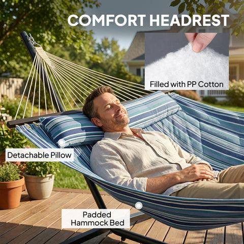 Image of Hammock with Stand Heavy Duty Camping Hammock with Steel Frame for Patio Backyard Blue and White