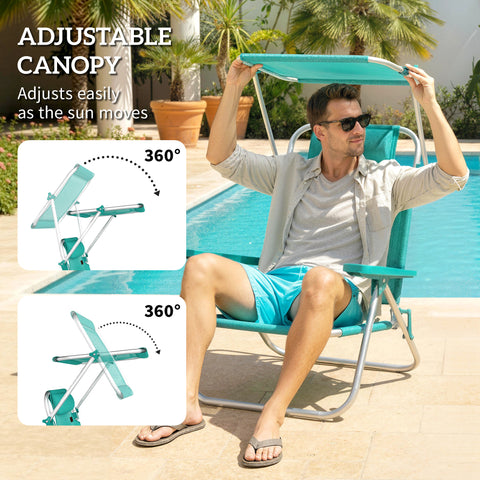 Image of 2 Piece Folding Beach Chairs with Adjustable Canopy, 6-Position Reclining Lounge Chair with Headrest, Turquoise