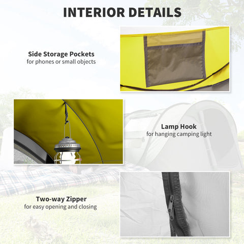 Image of 4 Person Camping Tent, Easy Pop Up Tent with Doors, Windows and Carry Bag, Automatic Setup Tent for Hiking, Yellow