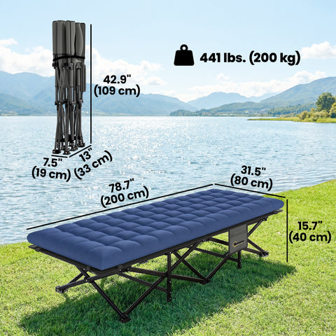 Image of Camping Cot with Soft Pad, 32" Extra Wide Folding Cots with Non-Slip Feet and Carry Bag, Blue