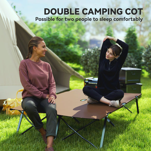 Image of 76" Two Person Folding Camping Cot Outdoor Portable Double Cot Wide Military Sleeping Bed w/ Carrying Bag Khaki