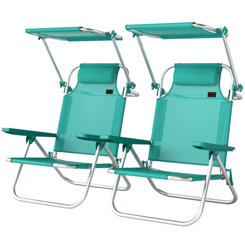 Image of beach gear -  2 Piece Folding Beach Chairs with Adjustable Canopy, 6-Position Reclining Lounge Chair with Headrest, Turq