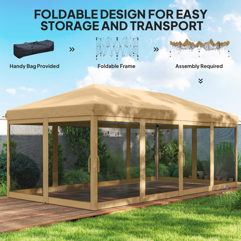 Image of 10' x 20' Pop Up Canopy Tent Gazebo with Removable Mesh Sidewall Netting, Carry Bag for Backyard Patio Outdoor, Beige