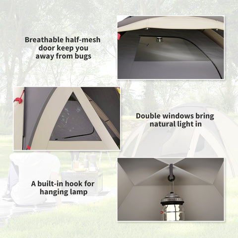 Image of 2 Person Camping Tent, Waterproof Family Dome Tent with Bedroom, Porch, Sewn-in Groundsheet and Hook, Khaki