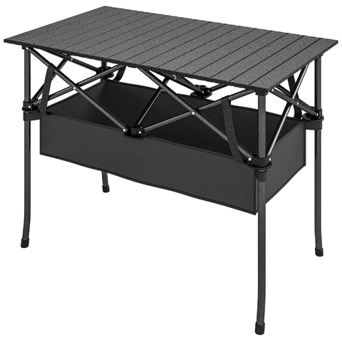 Image of camping furniture -  3ft Folding Camping Table, Picnic Table with Mesh Storage Net, Carrying Bag and Metal Frame, Black