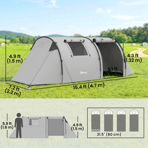Image of 3-4 Person Camping Tent with 2 Rooms, 3000mm Waterproof Portable Family Tent with Carry Bag, Grey