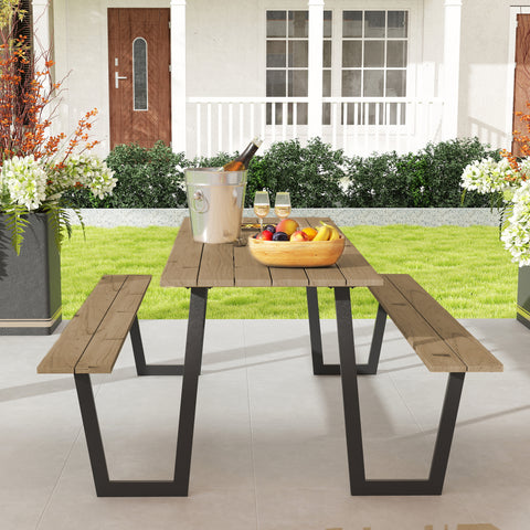 Image of 5.7 FT Outdoor Picnic Table with 2" Umbrella Hole, Spruce Wood Dining Table and 795 LBS Benches with Steel Frame, Brown