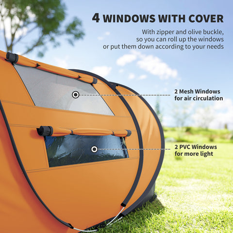 Image of 4 Person Camping Tent, Easy Pop Up Tent with Doors, Windows and Carry Bag, Automatic Setup Tent for Hiking, Orange