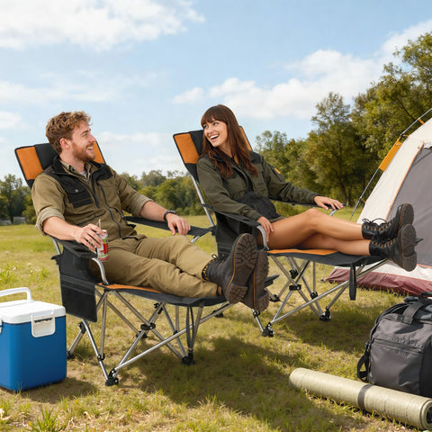 Image of Set of 2 Reclining Camping Chair with Foot Rest, Folding Camping Chair w/ Headrest, Cup Holder, Storage Bag, Orange