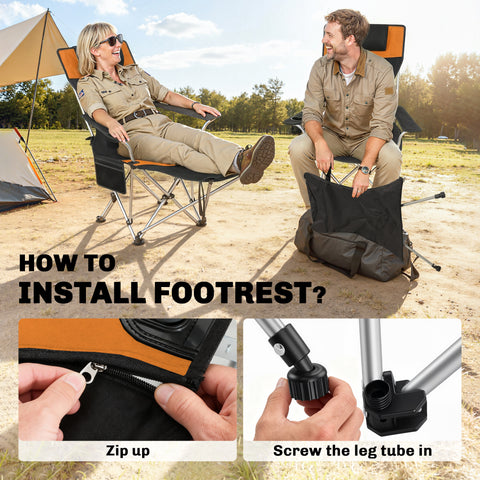 Image of Set of 2 Reclining Camping Chair with Foot Rest, Folding Camping Chair w/ Headrest, Cup Holder, Storage Bag, Orange