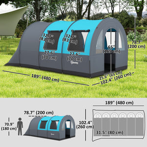 5-6 Person Camping Tent with Living Room and Bedroom, 3000mm Waterproof Tunnel Large Family Tent, Grey and Blue