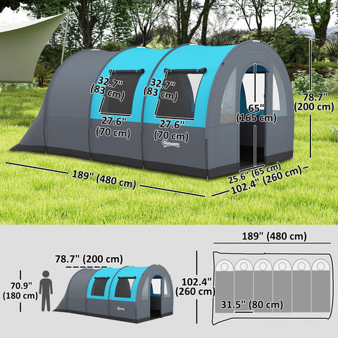Image of 5-6 Person Camping Tent with Living Room and Bedroom, 3000mm Waterproof Tunnel Large Family Tent, Grey and Blue