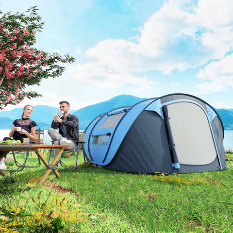 Image of 4 Person Camping Tent, Easy Pop Up Tent with Doors, Windows and Carry Bag, Automatic Setup Tent for Hiking, Blue
