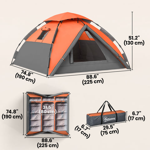 Image of Pop up Camping Tent, 3-4 Man Family Tent, 3000mm Waterproof, with Carry Bag and Top Hook, Dark Grey and Orange