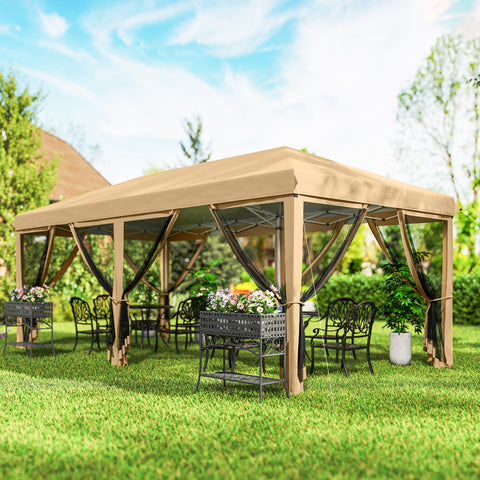 Image of 10' x 20' Pop Up Canopy Tent Gazebo with Removable Mesh Sidewall Netting, Carry Bag for Backyard Patio Outdoor, Beige