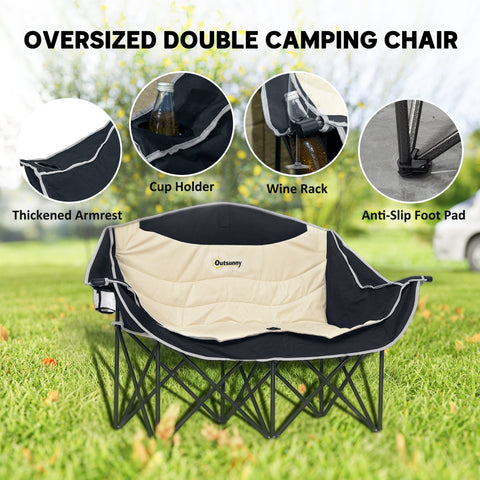 Image of Portable Camp Chair, Double Camping Chair with Cup Holders and Carry Bag, Support 551 lbs, Khaki