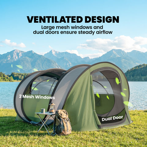 Image of Family Tent  Pop-Up Camping Tent with 2 Doors 2 Windows for 4-5 Person Waterproof Green