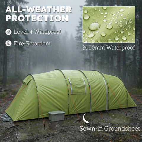 Image of 6 Person Camping Tent with Porch, Large Family Tent with 2 Bedroom and Living Room, Light Green