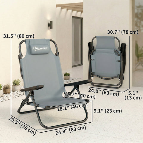 Image of Set of 2 Beach Chair 5-Position Adjustable Folding Camping Chair with Headrest Armrests Light Grey