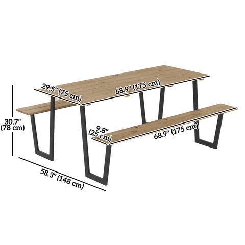 Image of 5.7 FT Outdoor Picnic Table with 2" Umbrella Hole, Spruce Wood Dining Table and 795 LBS Benches with Steel Frame, Brown