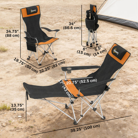 Image of Set of 2 Reclining Camping Chair with Foot Rest, Folding Camping Chair w/ Headrest, Cup Holder, Storage Bag, Orange