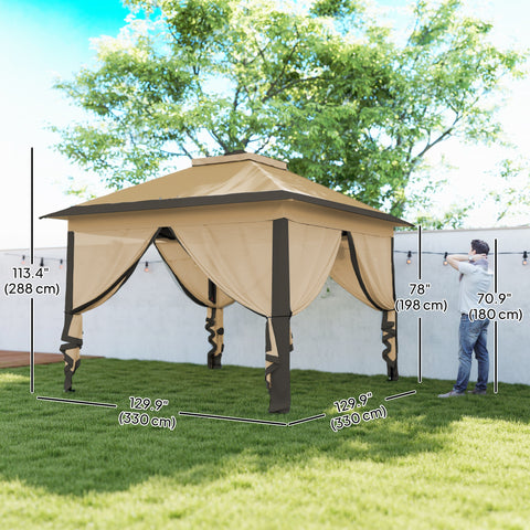 Image of 11' x 11' Pop Up Gazebo, Double Roof Foldable Height Adjustable Canopy Tent with Mesh Sidewalls, Carrying Bag, Beige