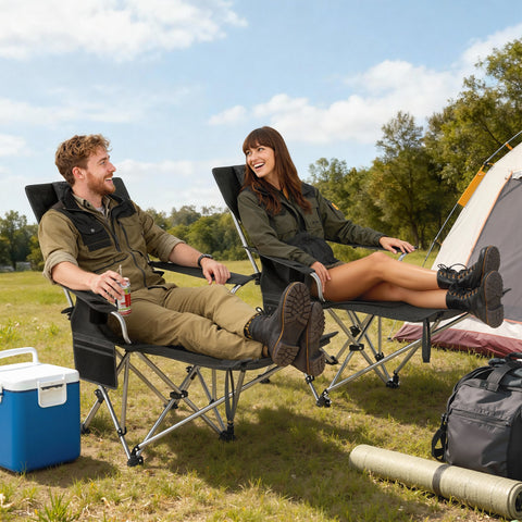 Image of Set of 2 Reclining Camping Chair with Foot Rest, Folding Camping Chair w/ Headrest, Cup Holder, Storage Bag, Black