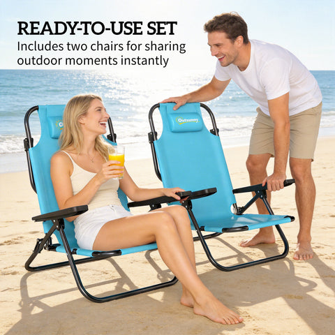 Image of Set of 2 Beach Chair 5-Position Adjustable Folding Camping Chair with Headrest Armrests Light Blue