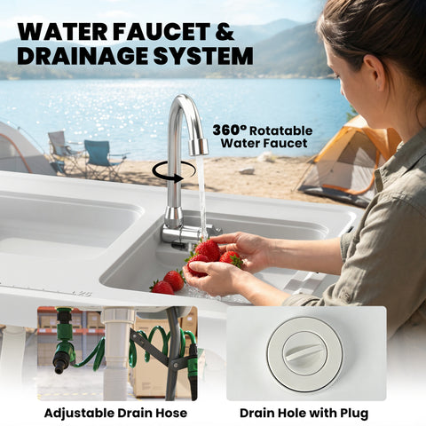 Image of Fish Cleaning Table Folding Sink Portable Camping Sink with Side Shelf & Bottom Rack for Outdoor White