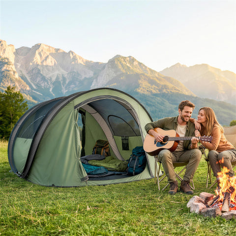 Image of Family Tent  Pop-Up Camping Tent with 2 Doors 2 Windows for 4-5 Person Waterproof Green