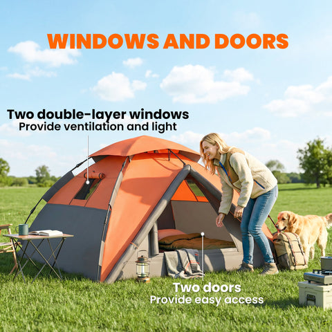 Image of Pop up Camping Tent, 3-4 Man Family Tent, 3000mm Waterproof, with Carry Bag and Top Hook, Dark Grey and Orange