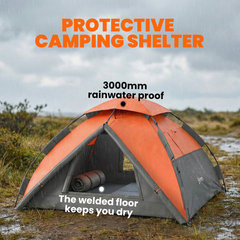 Image of Pop up Camping Tent, 3-4 Man Family Tent, 3000mm Waterproof, with Carry Bag and Top Hook, Dark Grey and Orange