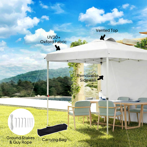 Image of 8 x 8 ft Pop Up Canopy with 1 Sidewall, Carry Bag and 4 Sand Bags, Height Adjustable Instant Sun Shelter, White