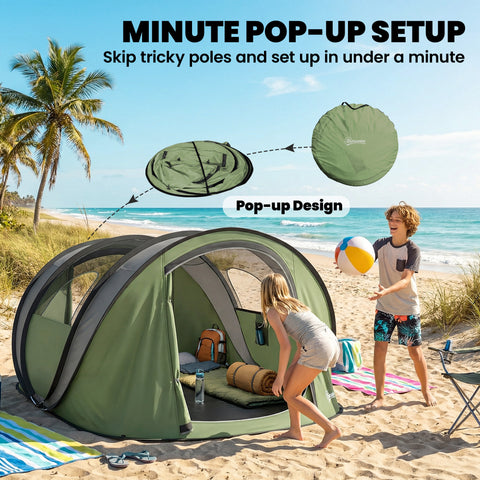 Image of Family Tent  Pop-Up Camping Tent with 2 Doors 2 Windows for 4-5 Person Waterproof Green